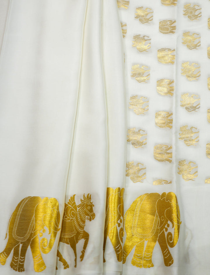 Off White Chapa Silk Gold Zari With Elephant And Unicorn Design