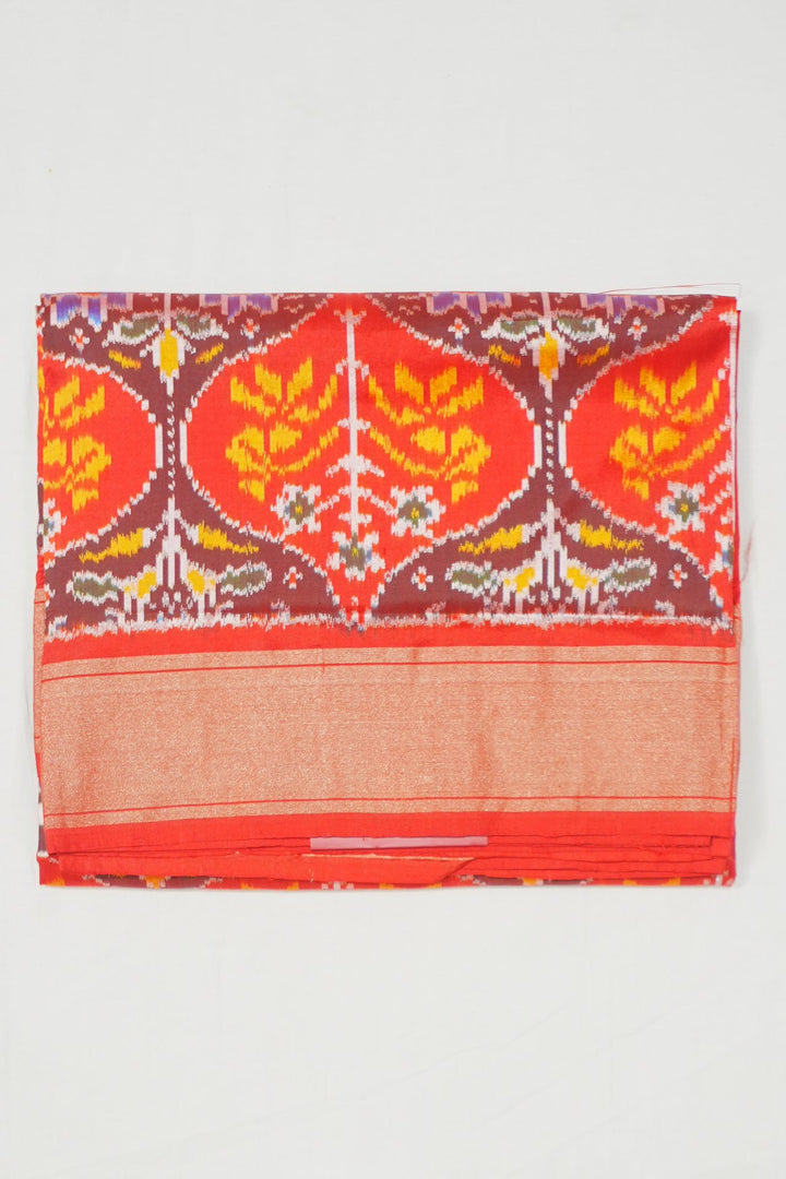 Neerus Red handloom ikat woven saree with multicolor border - side view