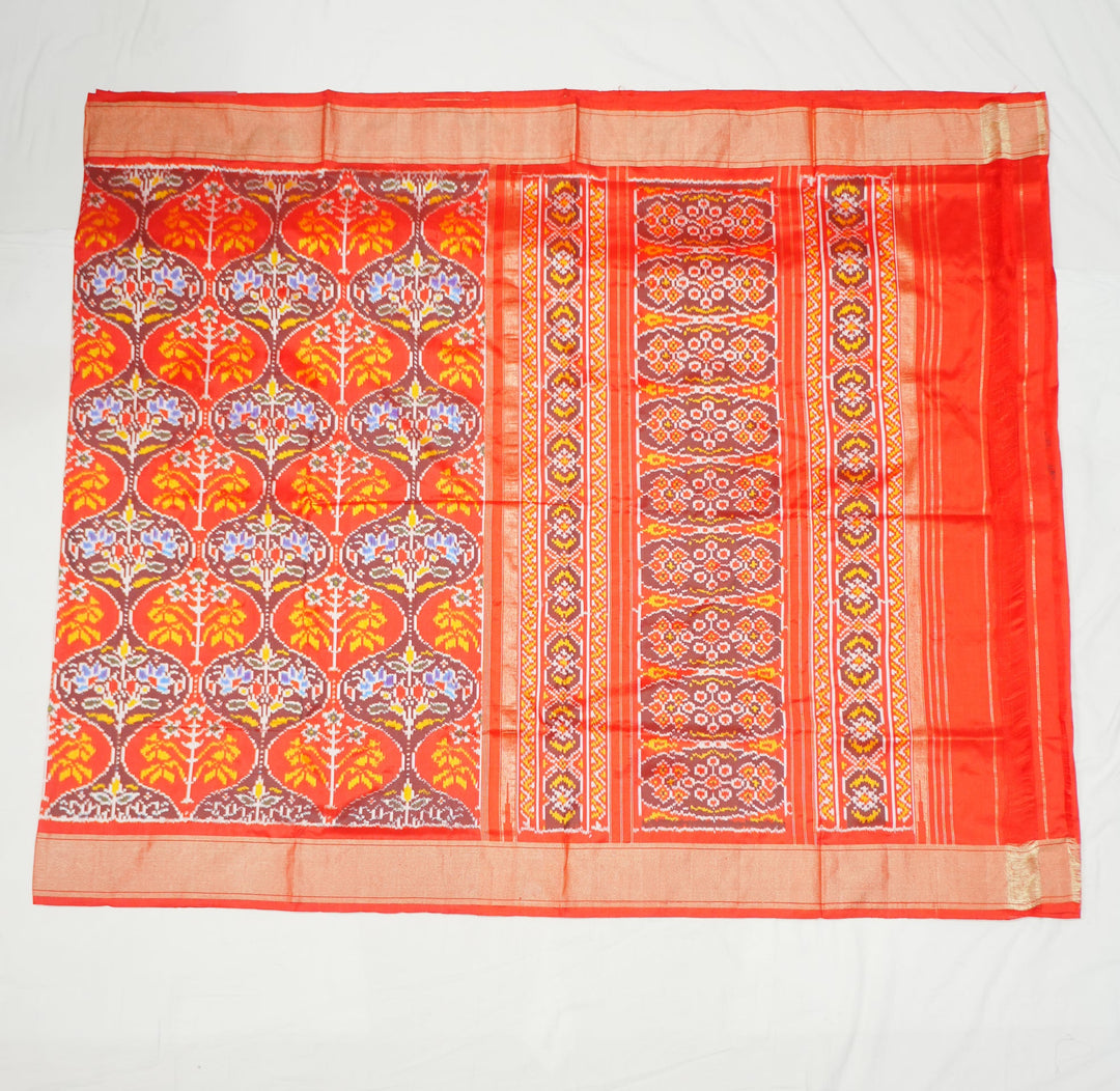 Neerus Red handloom ikat woven saree with multicolor border - detail view 1