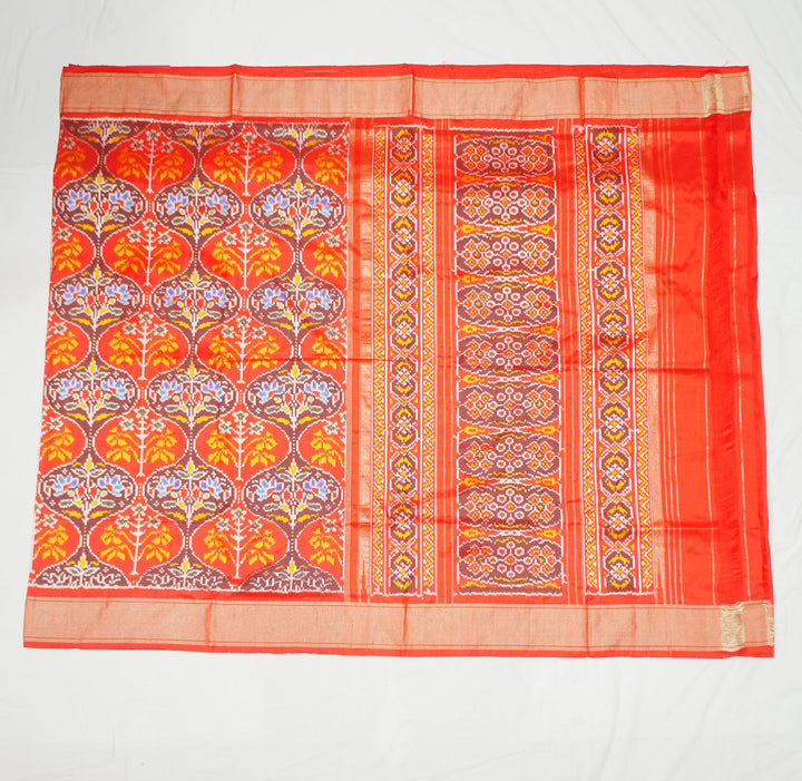 Neerus Red handloom ikat woven saree with multicolor border - detail view 1