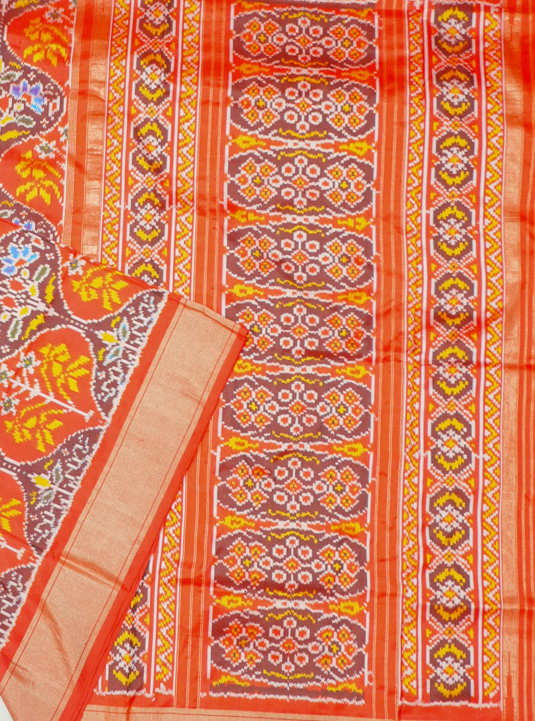Neerus Red handloom ikat woven saree with multicolor border - detail view 2
