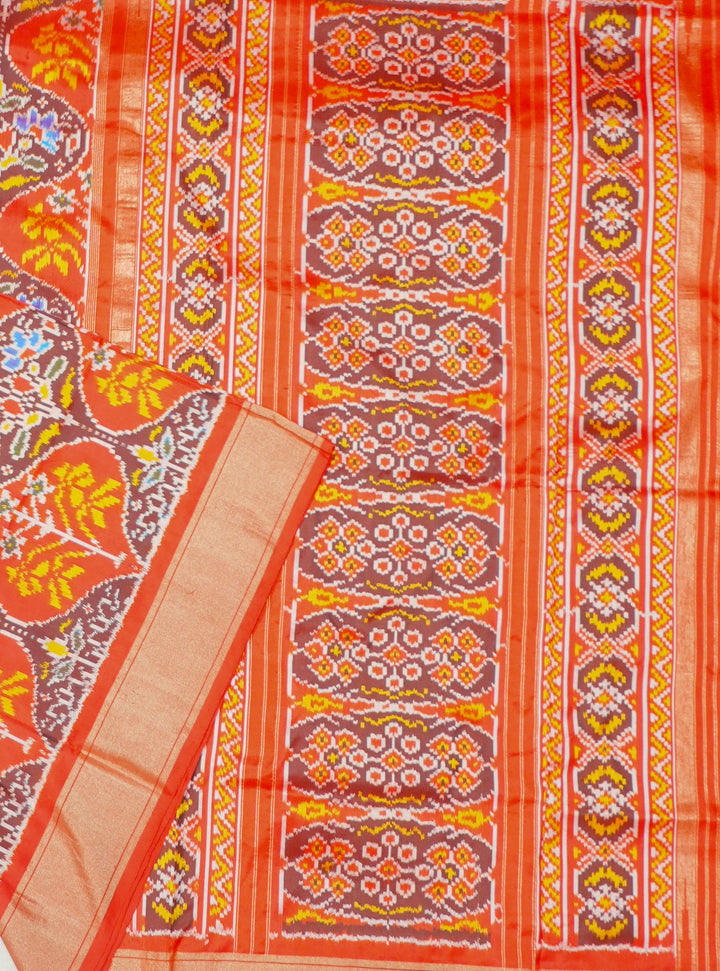 Neerus Red handloom ikat woven saree with multicolor border - detail view 2
