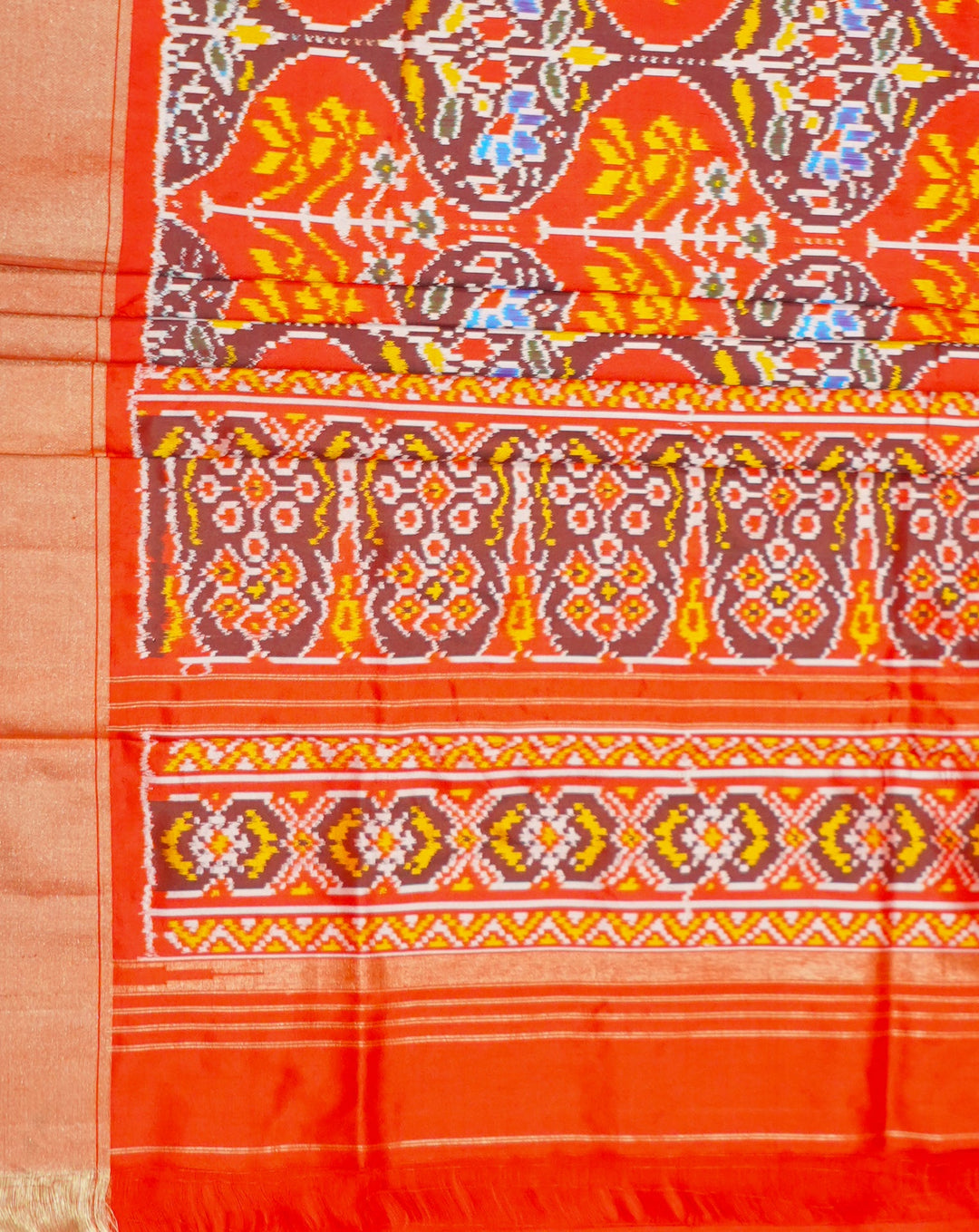 Neerus Red handloom ikat woven saree with multicolor border - back view