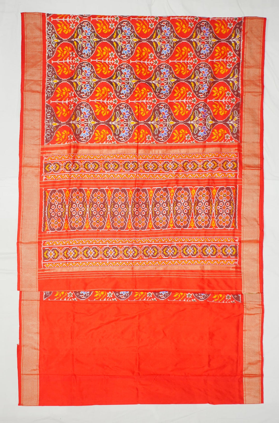 Neerus Red handloom ikat woven saree with multicolor border - front view