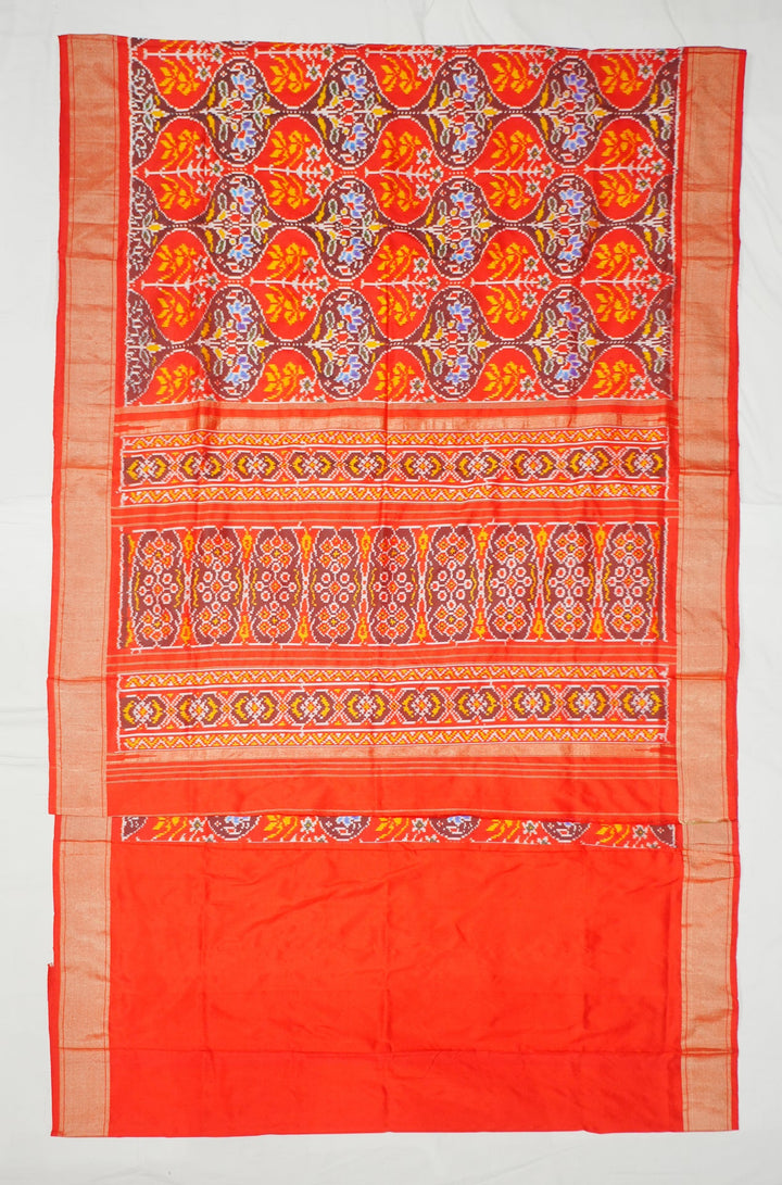 Neerus Red handloom ikat woven saree with multicolor border - front view