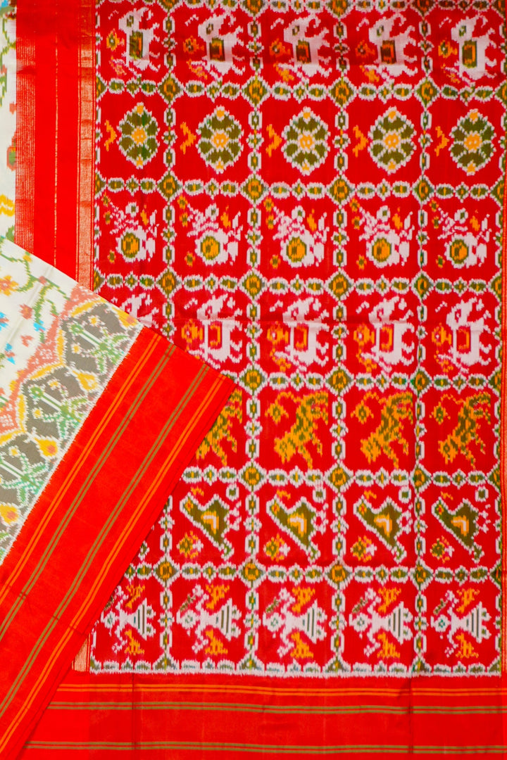 Cream Patola Handloom Saree With Multicolor Border