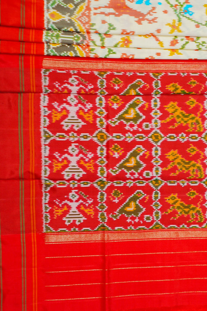 Cream Patola Handloom Saree With Multicolor Border
