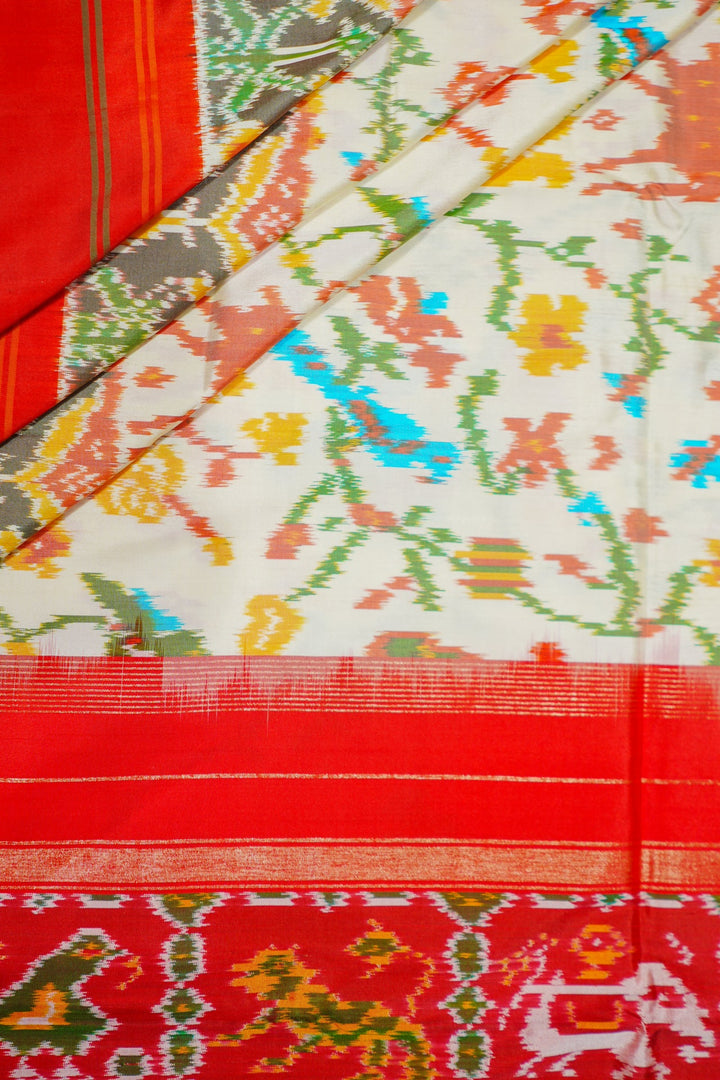 Cream Patola Handloom Saree With Multicolor Border