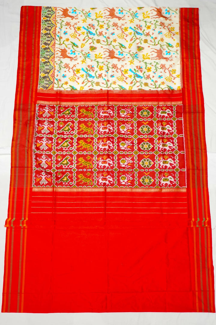 Neerus White silk woven patola saree - front view
