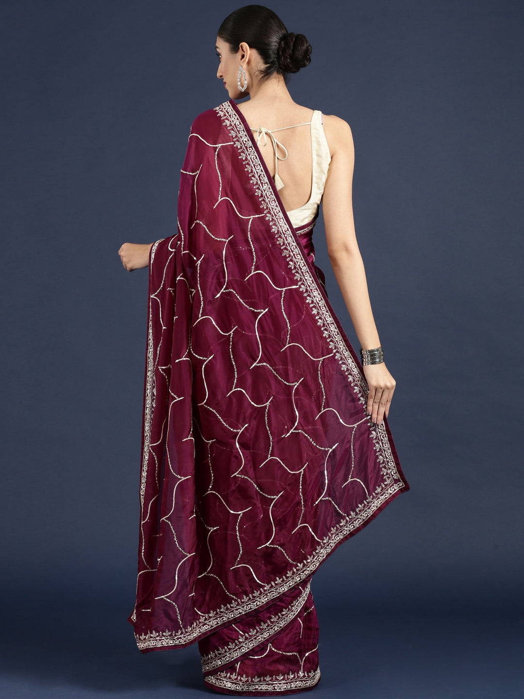 Neerus Maroon satin embellished saree - side view