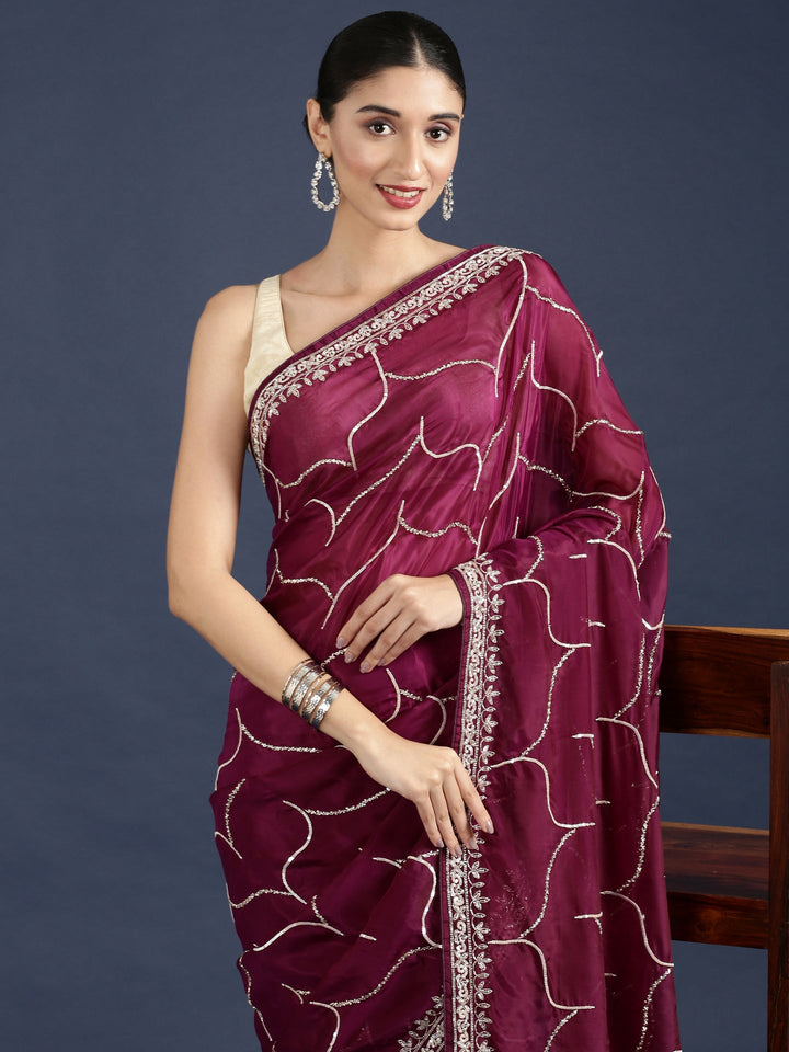 Neerus Maroon satin embellished saree - detail view 1