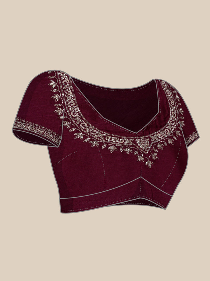 Neerus Maroon satin embellished saree - detail view 3