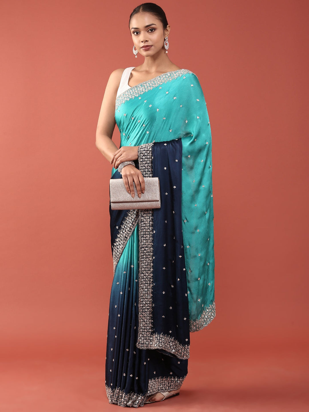 Neerus Blue satin embellished saree - front view