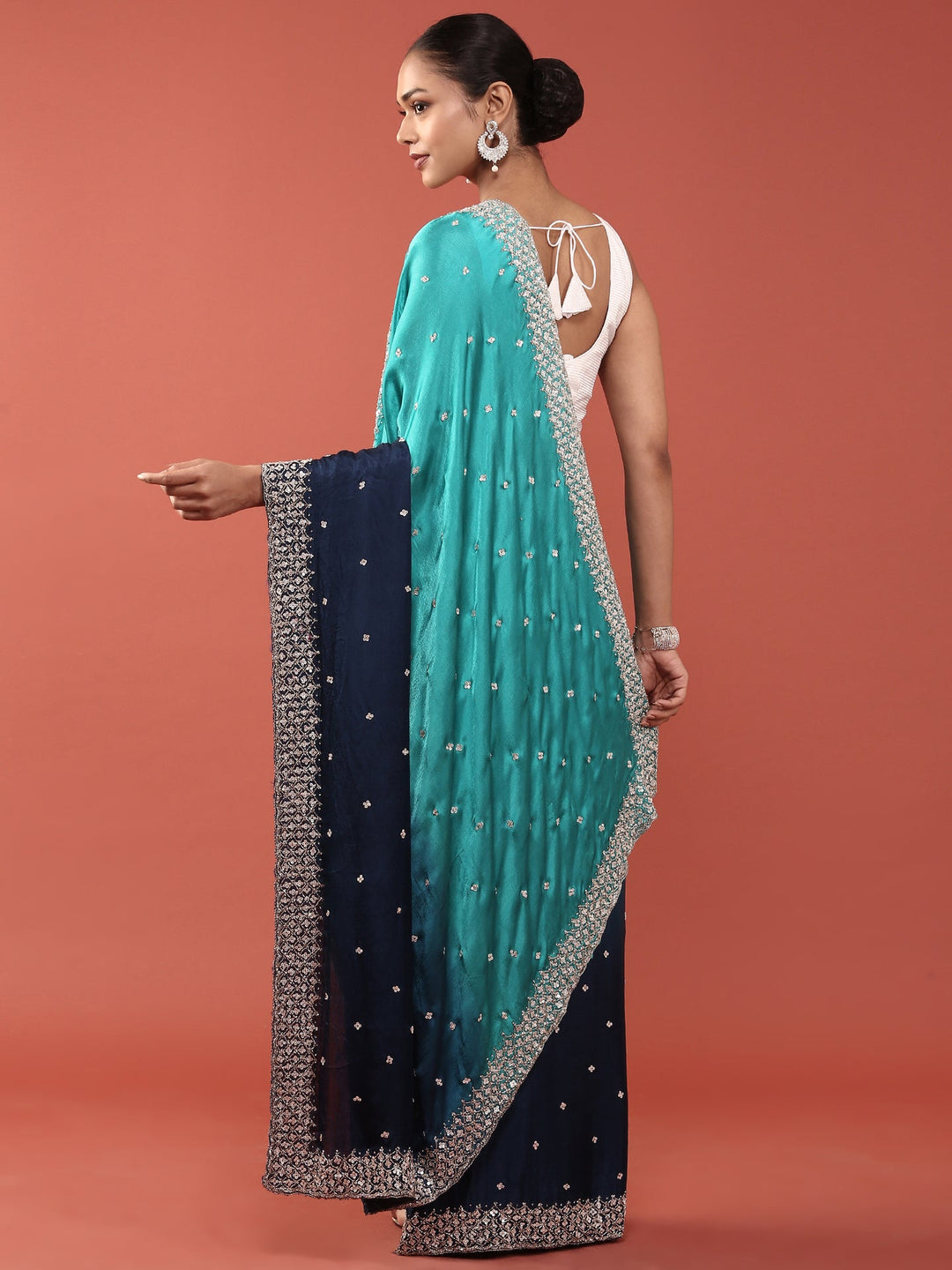 Neerus Blue satin embellished saree - side view