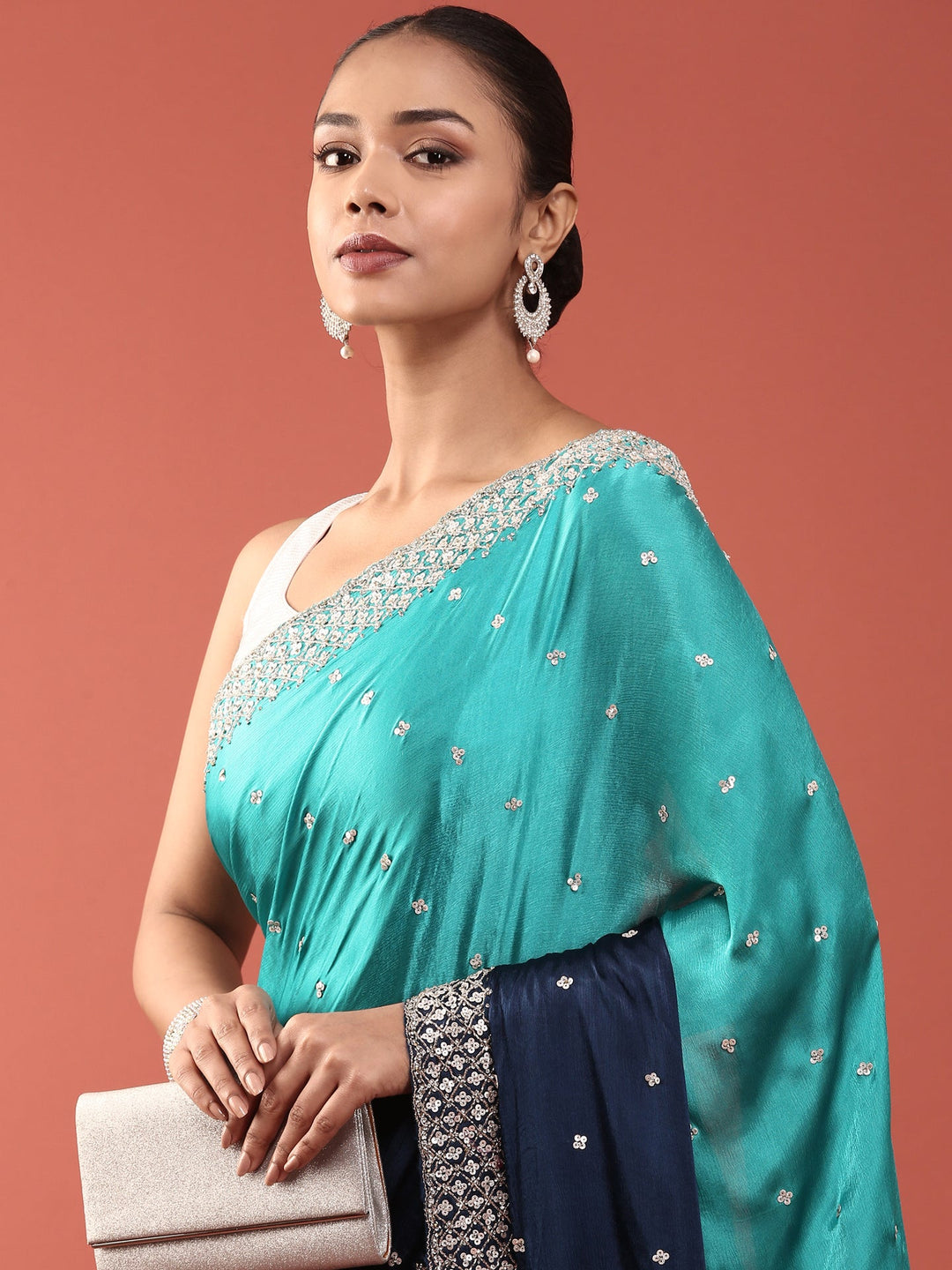 Neerus Blue satin embellished saree - back view