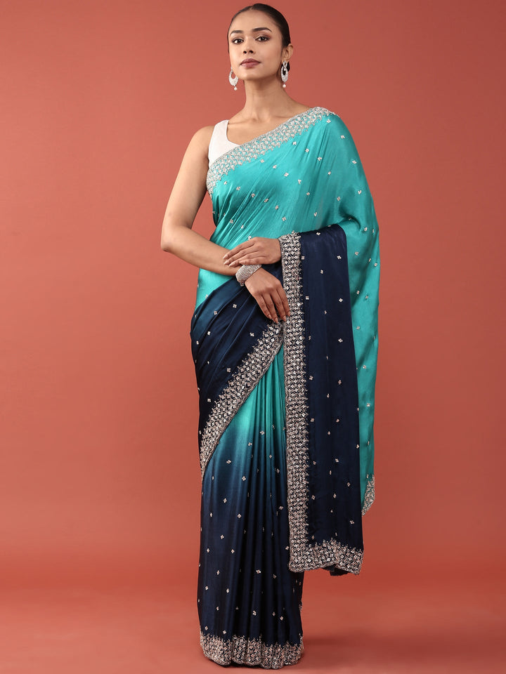 Neerus Blue satin embellished saree - detail view 1