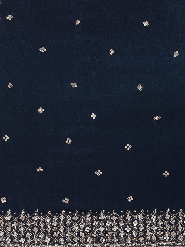 Navy Blue Satin Stone And Thread Embroidery Saree