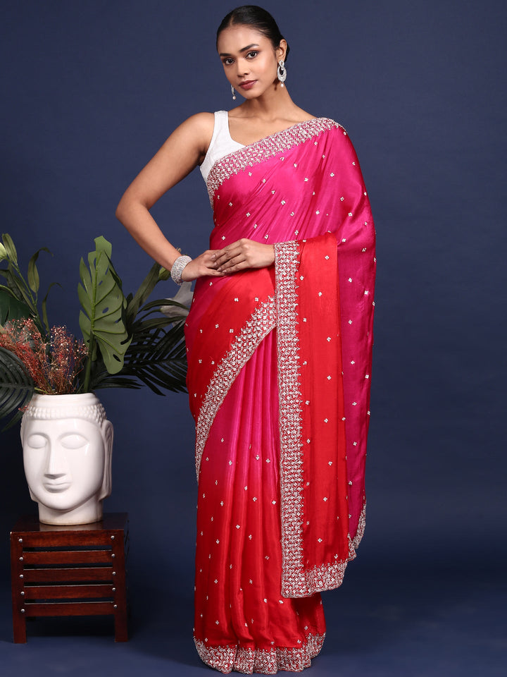 Pink Satin Stone And Thread Embroidery Saree
