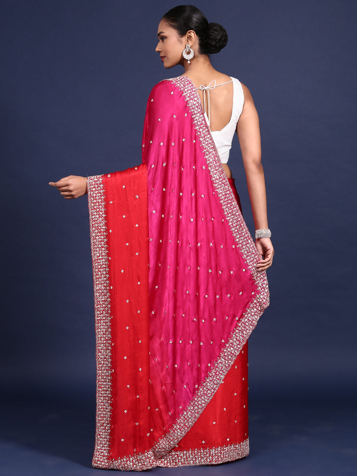 Neerus Pink satin embellished saree - side view