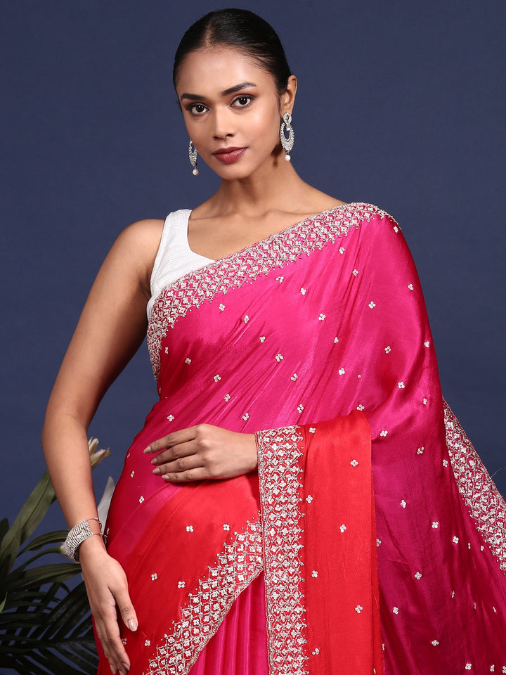Pink Satin Stone And Thread Embroidery Saree