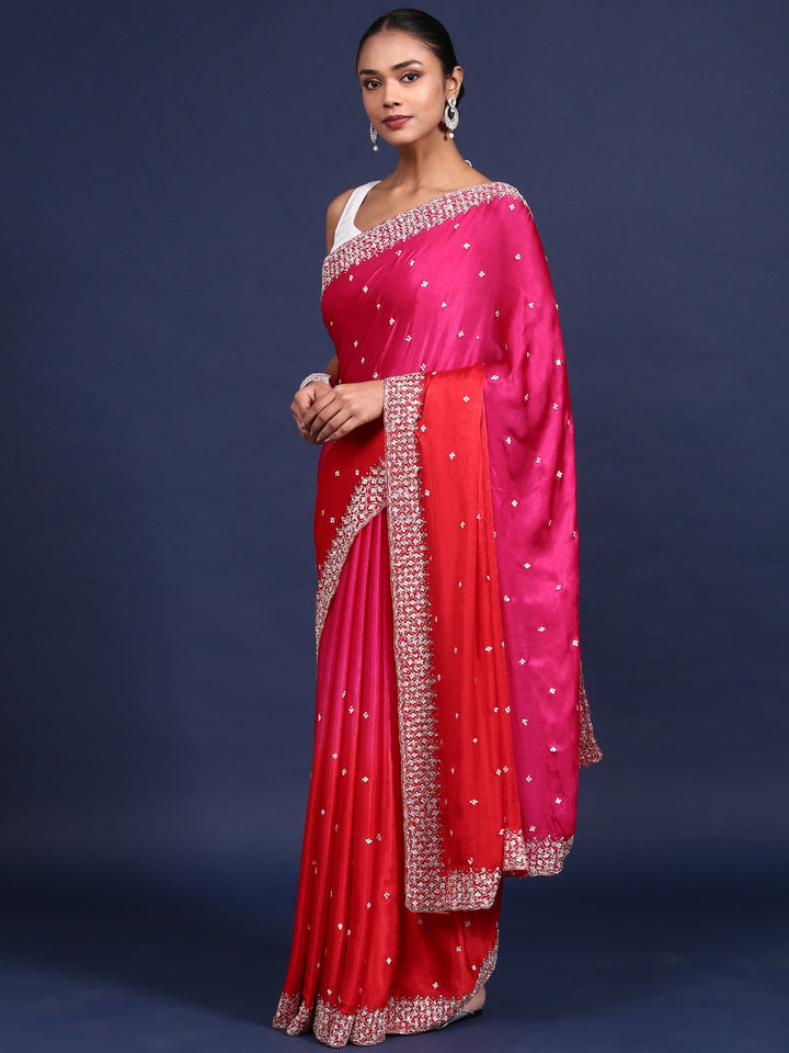 Neerus Pink satin embellished saree - front view