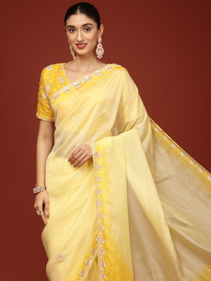 Neerus Yellow silk embellished saree with stone work - detail view 1