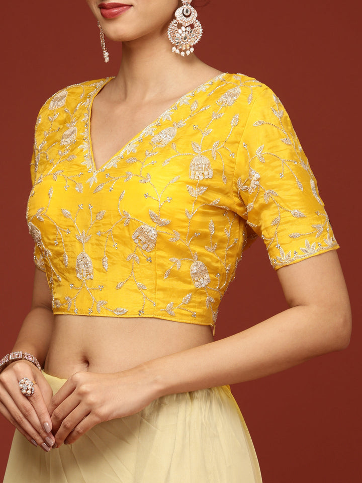Neerus Yellow silk embellished saree with stone work - detail view 5