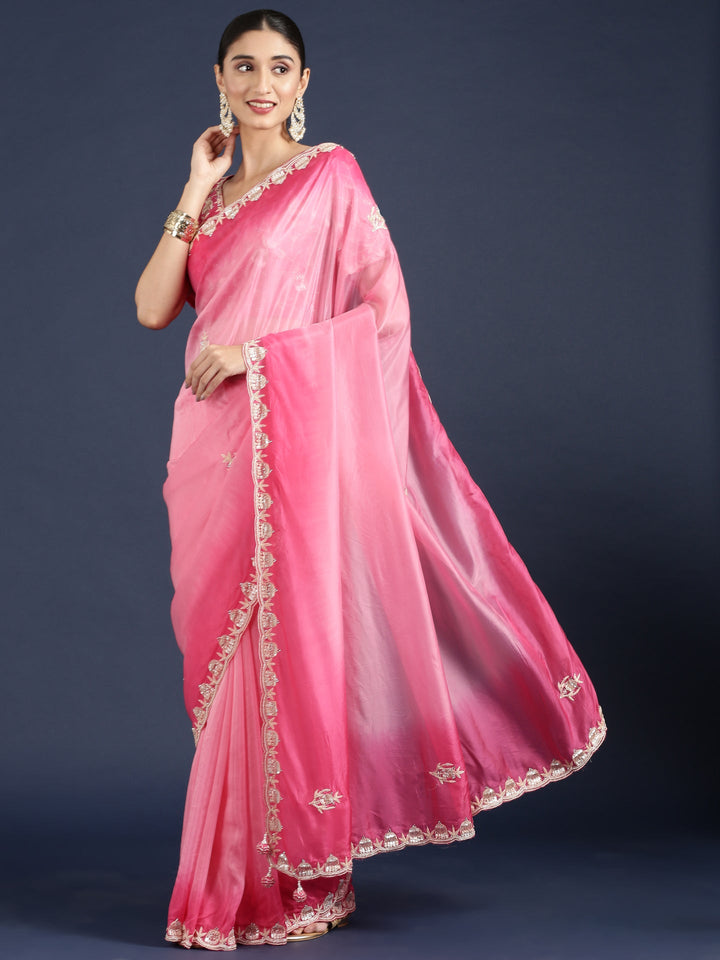 Neerus Pink Silk Embellished Saree with Readymade Blouse - back view