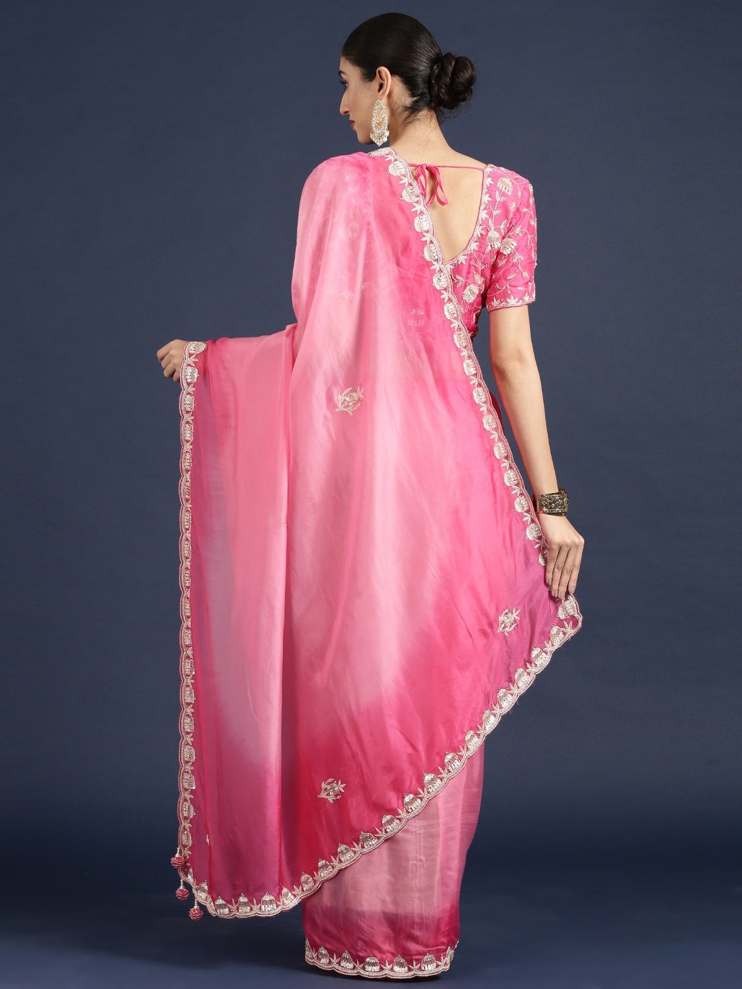 Neerus Pink Silk Embellished Saree with Readymade Blouse - side view
