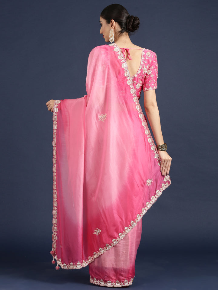 Neerus Pink Silk Embellished Saree with Readymade Blouse - side view