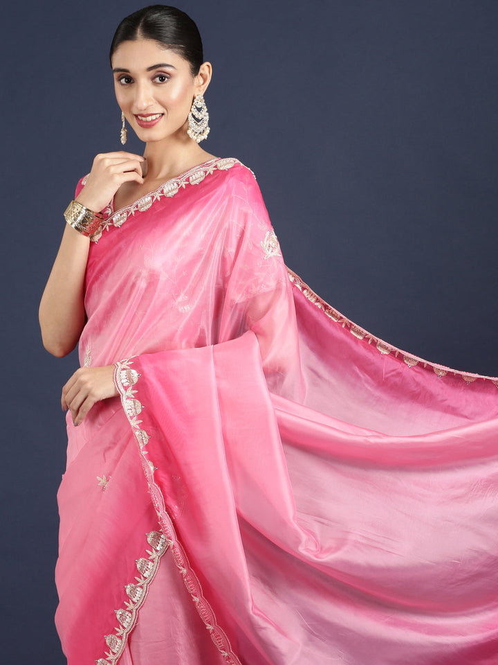 Neerus Pink Silk Embellished Saree with Readymade Blouse - detail view 1