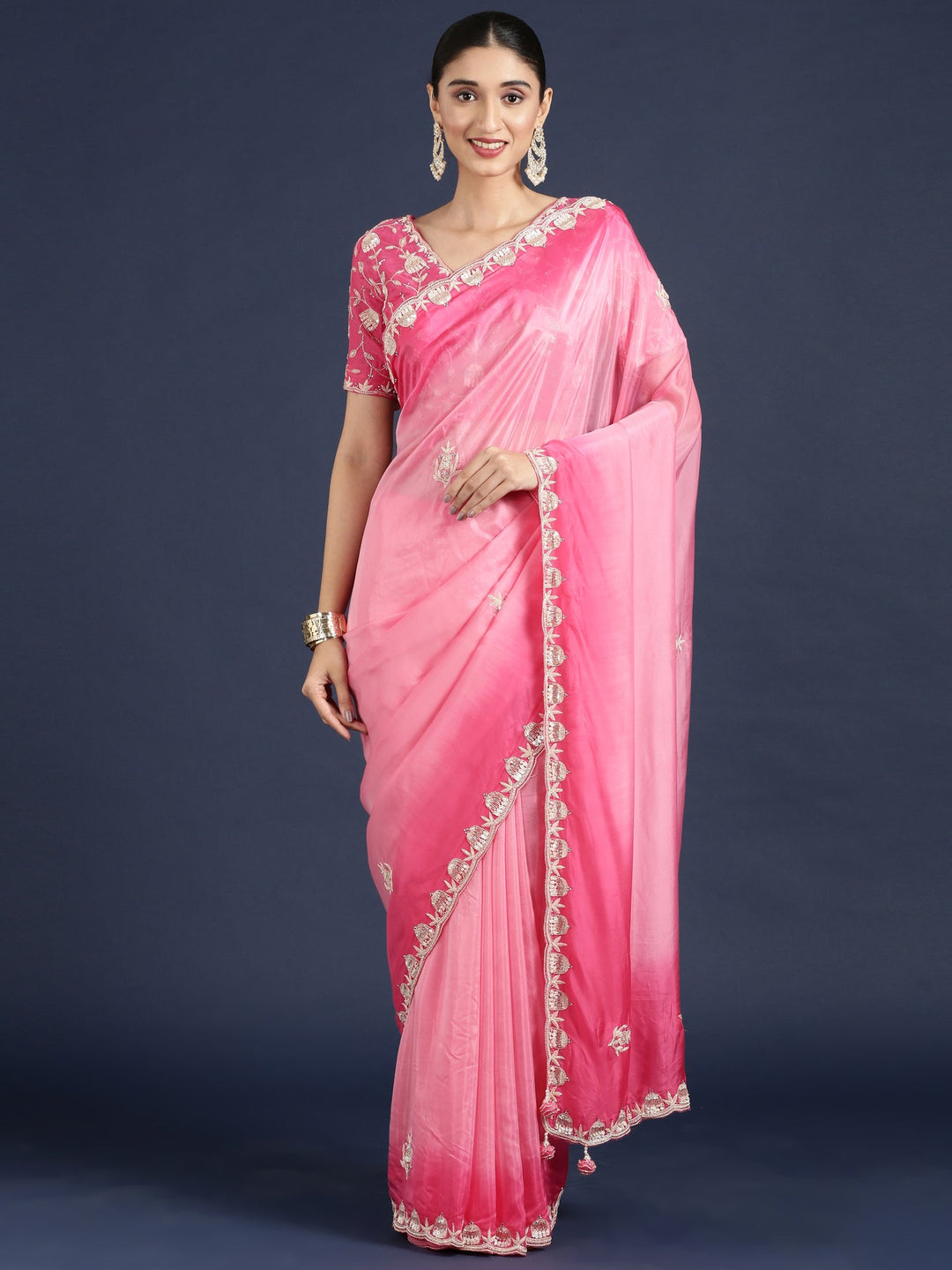 Neerus Pink Silk Embellished Saree with Readymade Blouse - front view