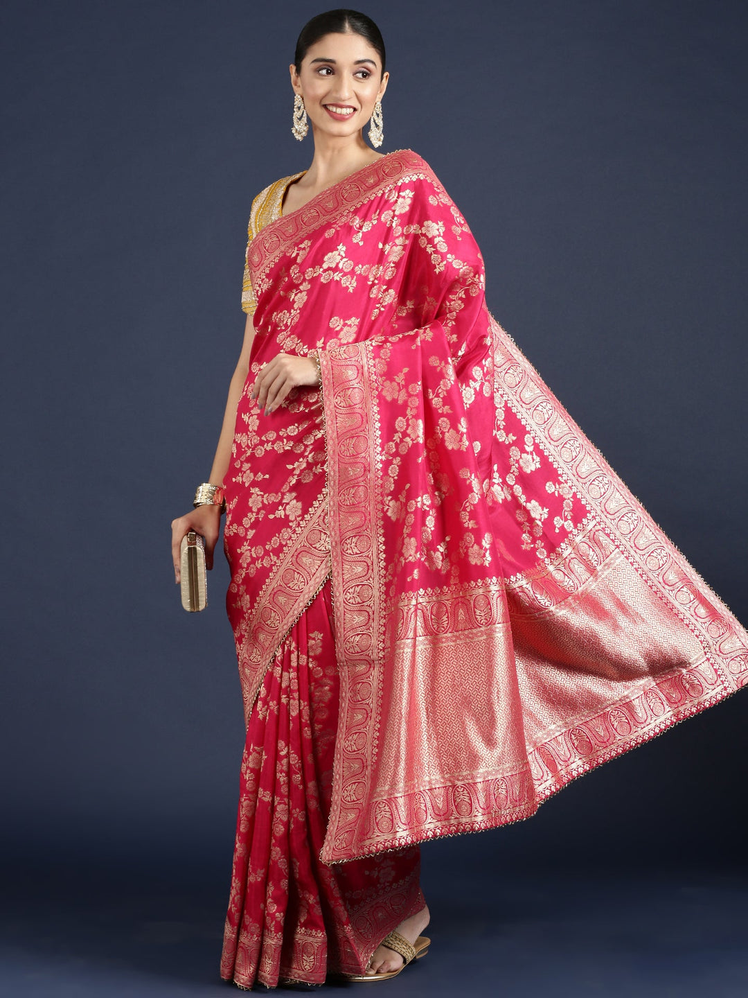 Neerus Pink Banarasi embroidered saree with readymade blouse - front view