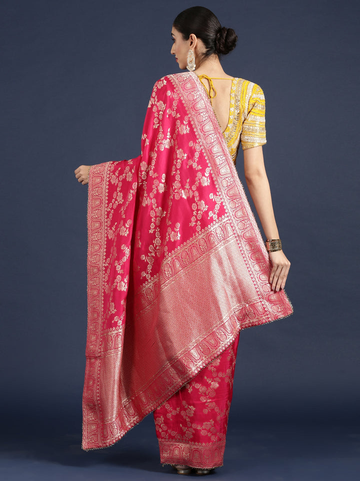 Neerus Pink Banarasi embroidered saree with readymade blouse - side view