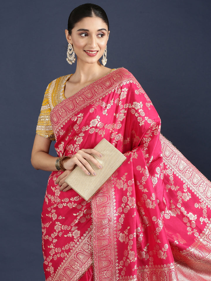 Neerus Pink Banarasi embroidered saree with readymade blouse - back view