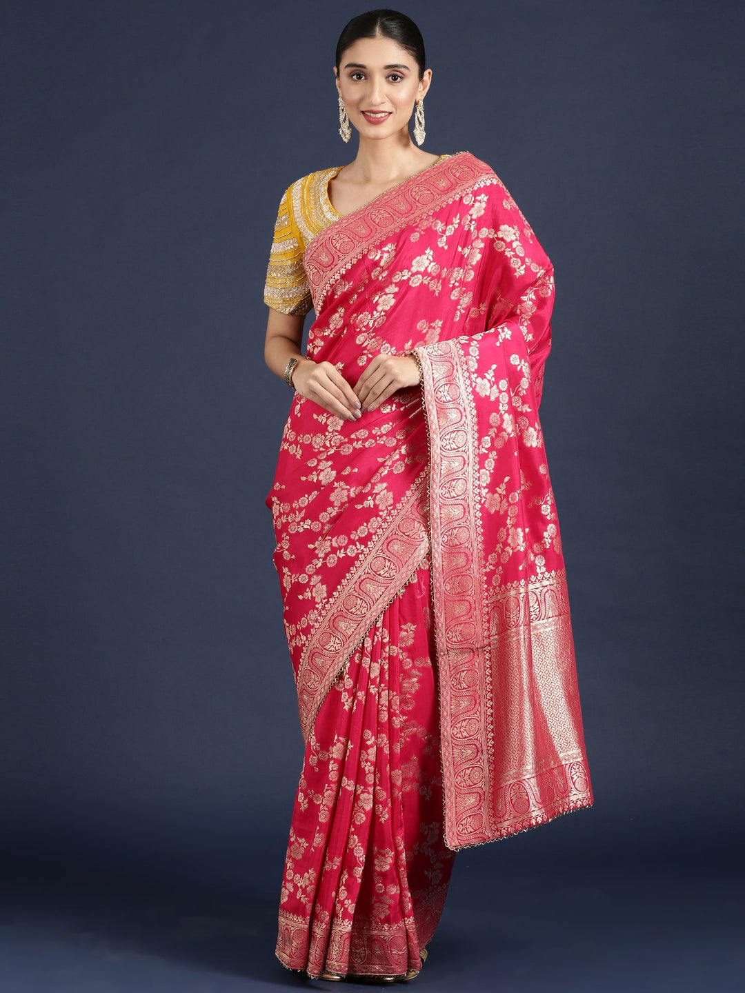Neerus Pink Banarasi embroidered saree with readymade blouse - detail view 1