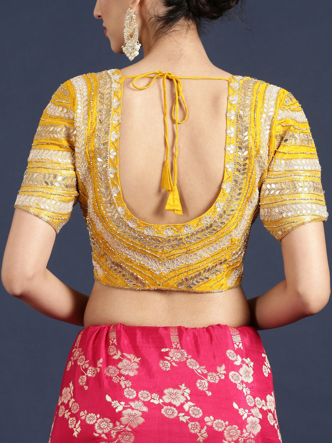 Neerus Pink Banarasi embroidered saree with readymade blouse - detail view 5