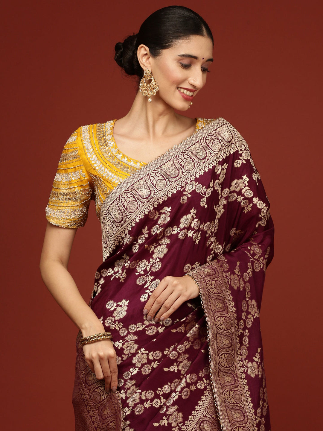 Neerus Maroon Banarasi woven saree with embroidered blouse - detail view 1