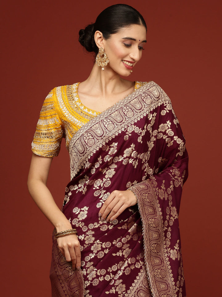 Wine Banaras Weaved Saree With Embroidery Readymade Blouse