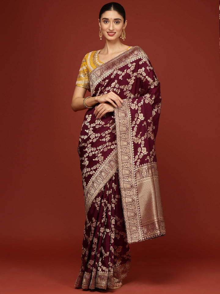 Neerus Maroon Banarasi woven saree with embroidered blouse - front view