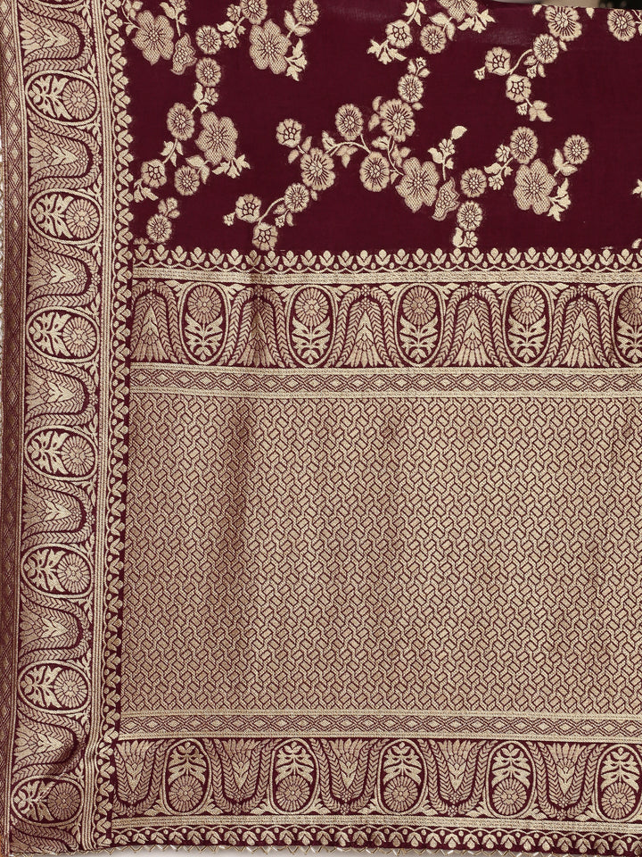 Wine Banaras Weaved Saree With Embroidery Readymade Blouse