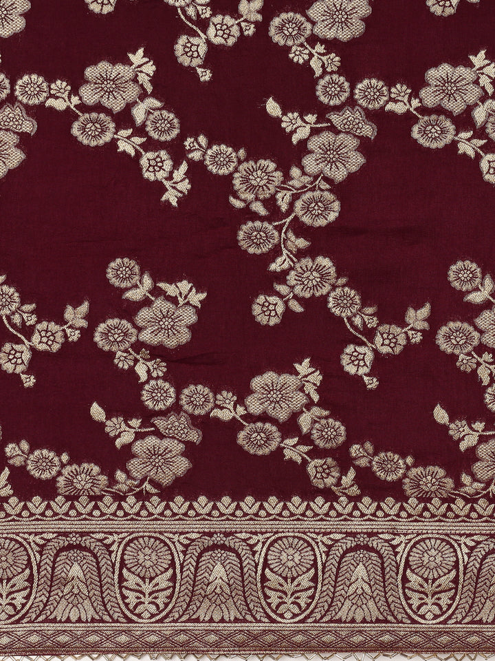 Wine Banaras Weaved Saree With Embroidery Readymade Blouse