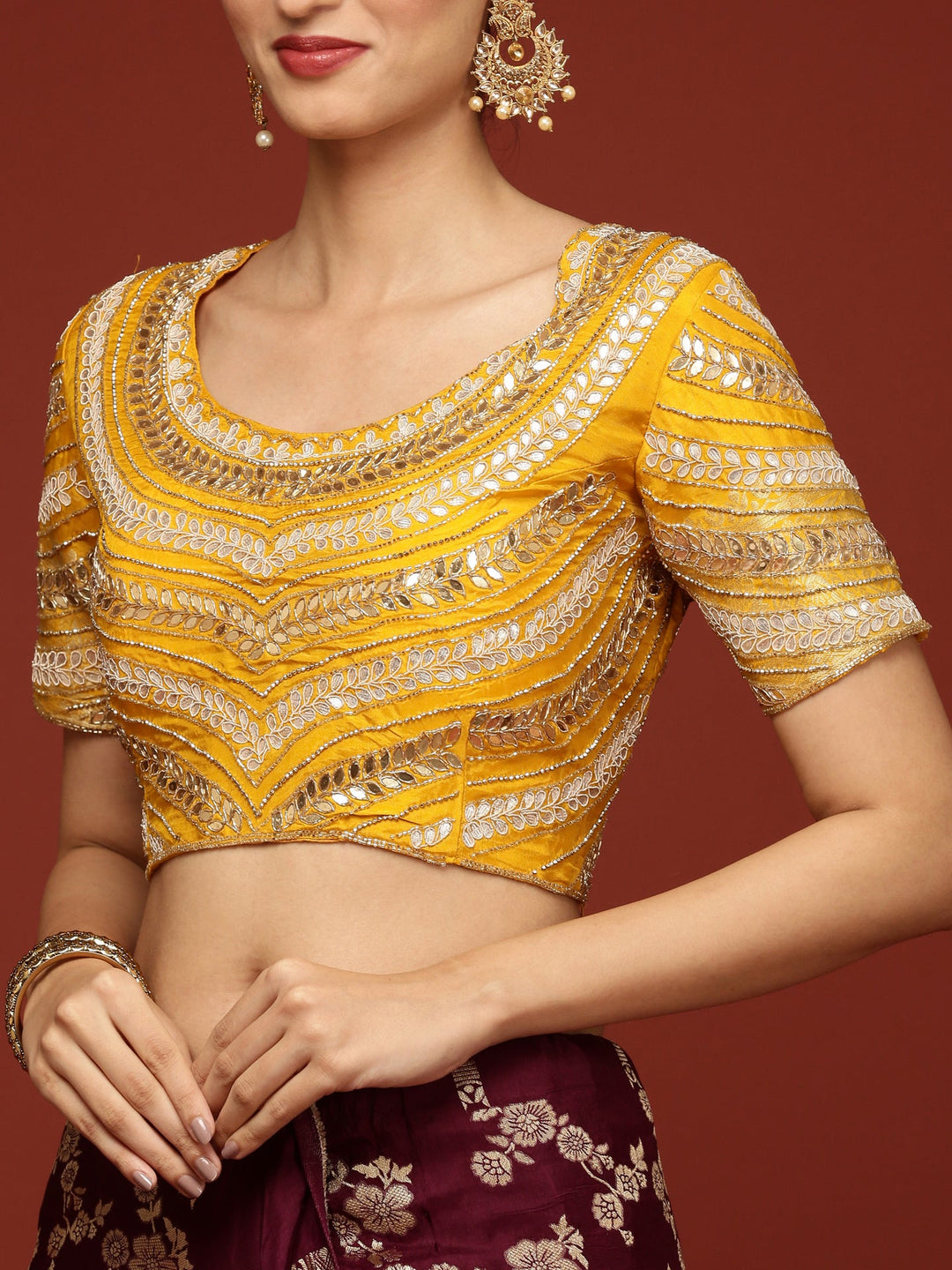 Neerus Maroon Banarasi woven saree with embroidered blouse - detail view 5
