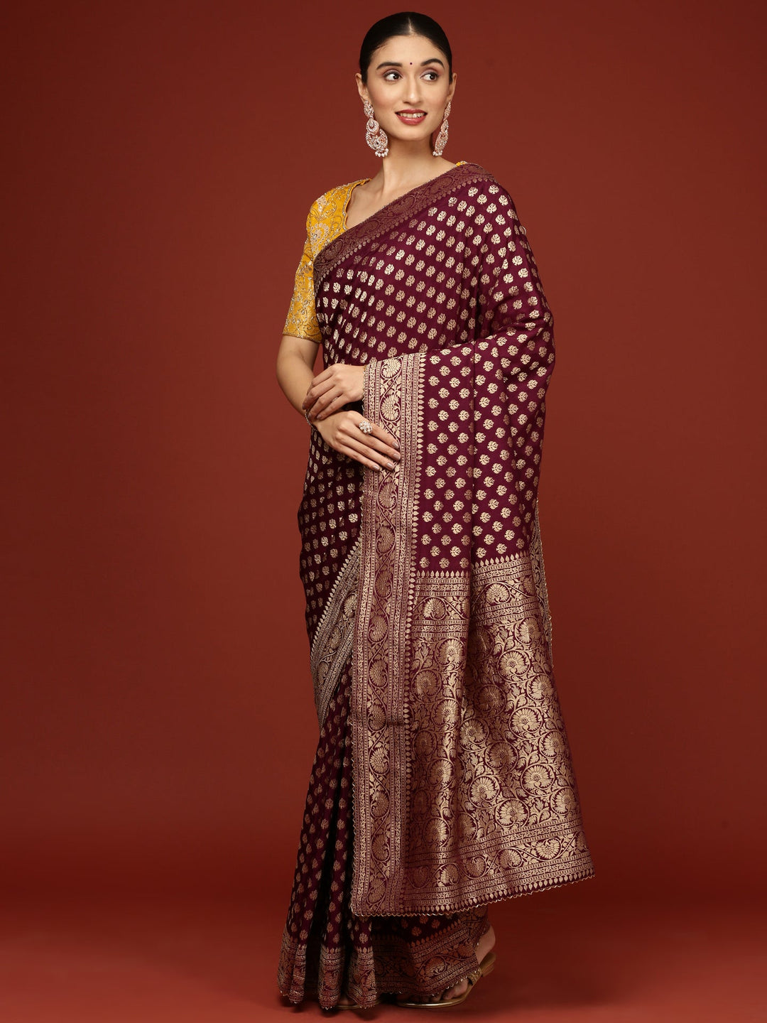 Neerus Purple Banarasi woven saree with embroidered blouse - back view