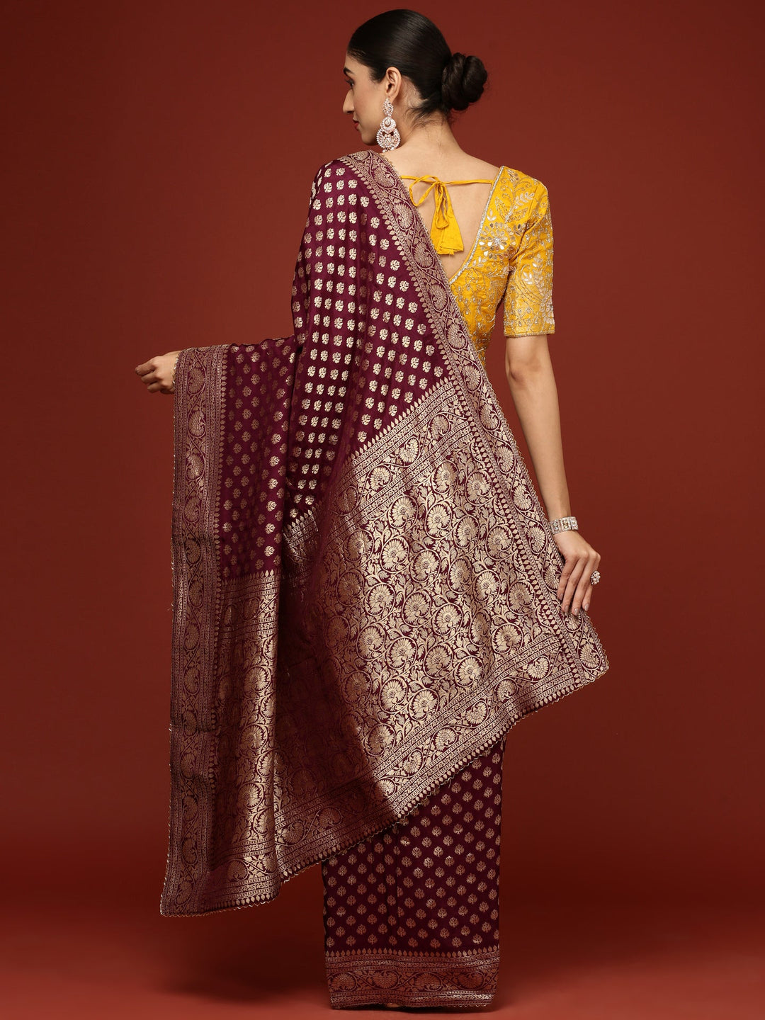 Neerus Purple Banarasi woven saree with embroidered blouse - side view