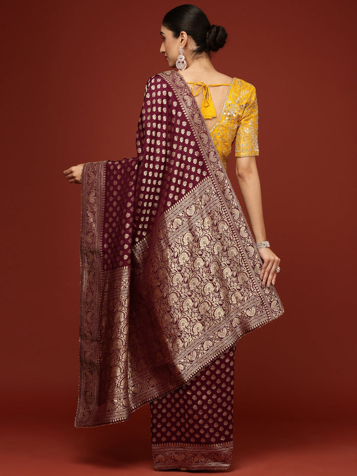 Neerus Purple Banarasi woven saree with embroidered blouse - side view