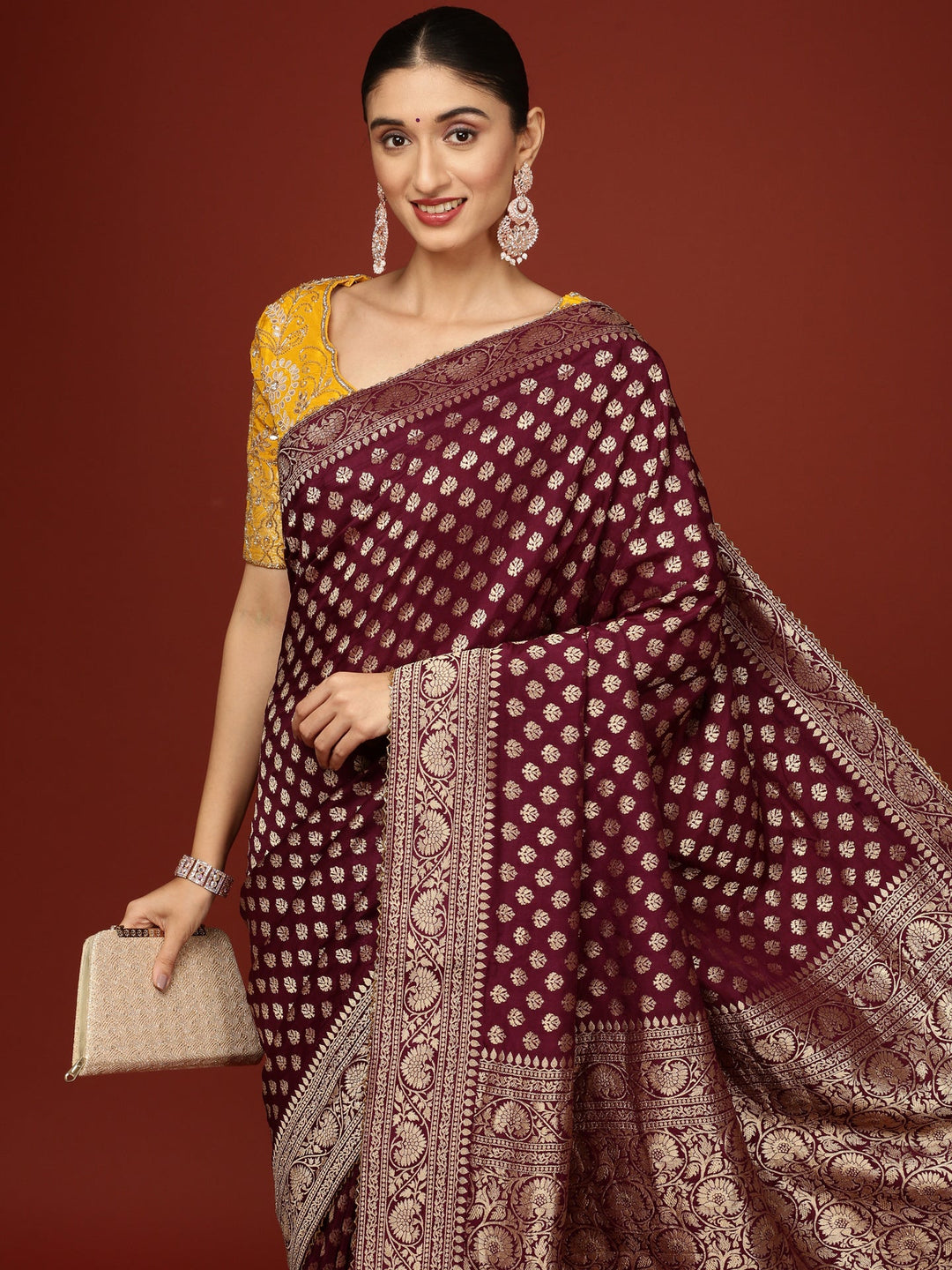 Neerus Purple Banarasi woven saree with embroidered blouse - detail view 1