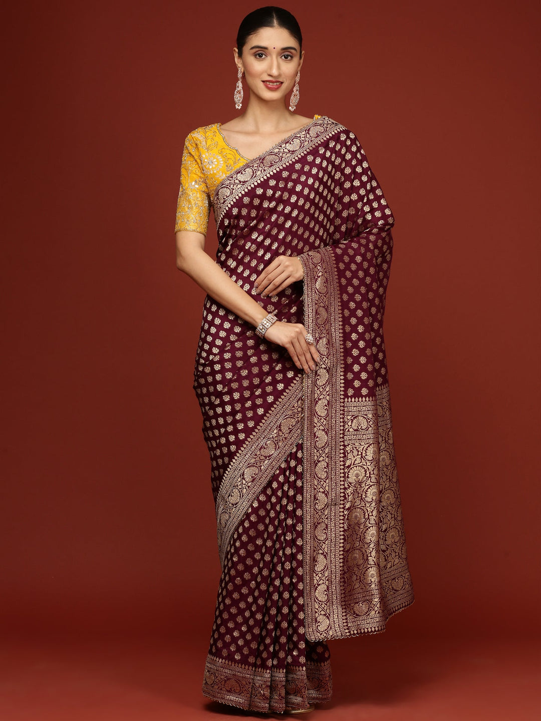Neerus Purple Banarasi woven saree with embroidered blouse - front view
