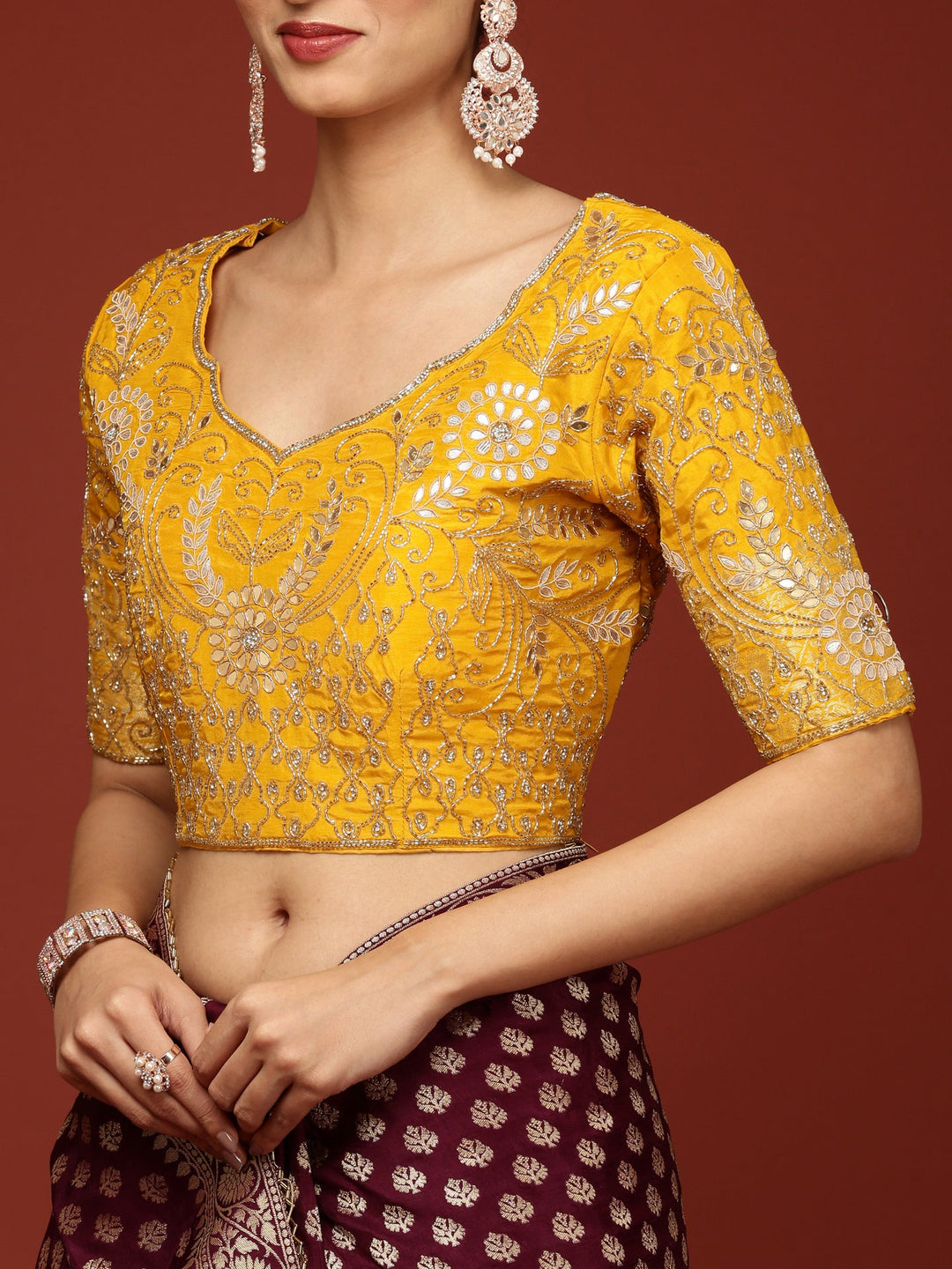 Neerus Purple Banarasi woven saree with embroidered blouse - detail view 5