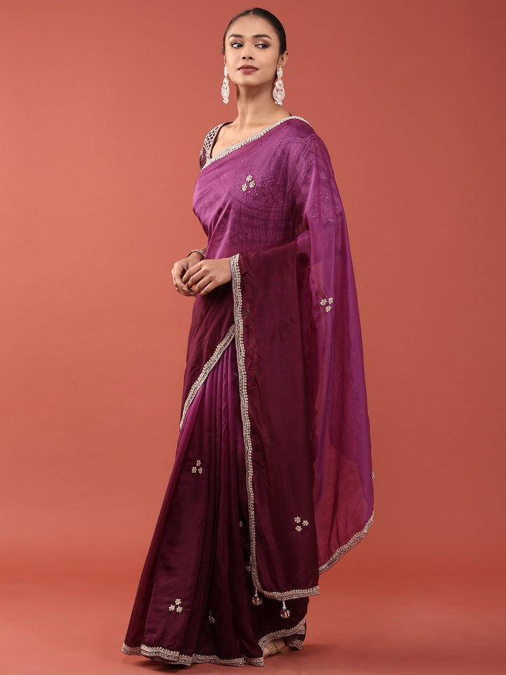 Neerus Purple crepe embroidered saree with blouse - back view